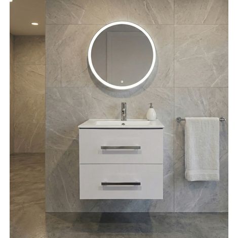 Meuble Salle de Bains avec vasque/lavabo sous vasque suspendre Chania 60 Blanc brillant, 1 Miroir Rond 60 avec LED (1/5)