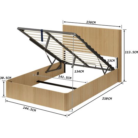 Lit moderne 140×200,aspect rainuré,levage hydraulique,grand rangement,lattes bois massif,surface facile,chêne clair