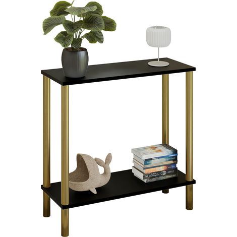 Consola moderna con estante de 80x30x80 cm, metal dorado, para el recibidor. (1/5)