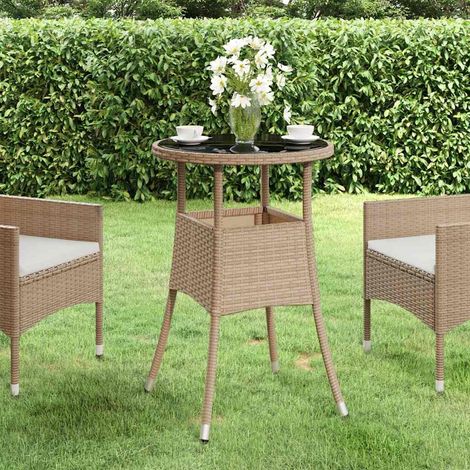vidaXL Table de jardin Ø60x75 cm Verre trempé/résine tressée Beige (1/5)