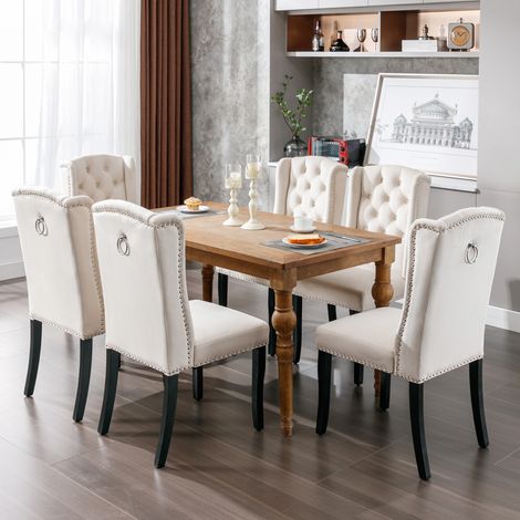 Lot de 6 chaises salle à manger / salon, velours beige, pieds en chêne, dossier capitonné boutons, clous argentés (1/5)