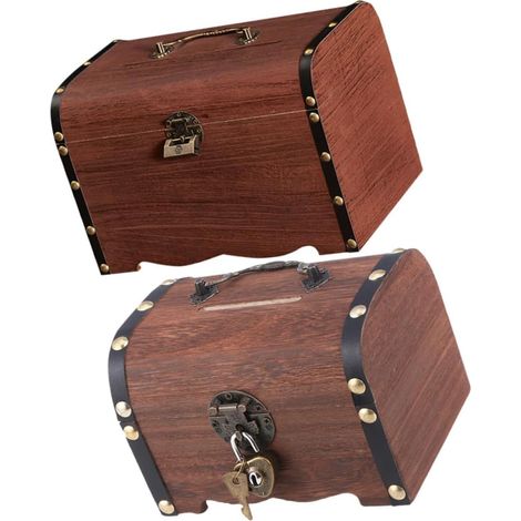 Coffre au Trésor Vintage en Bois et Métal, Caisse D'épargne 2 Pièces (1/5)