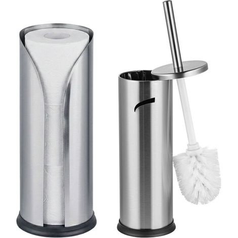 ensemble de salle de bain, 2 pièces, brosse WC, rangement papier toilette, inox, accessoires, argenté (1/5)