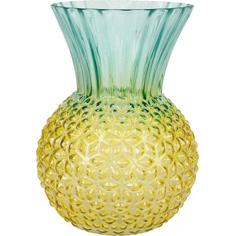 Vase Ananas Victoria en Verre Turquoise et Jaune 20x27cm