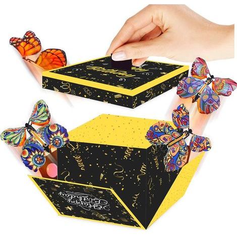 Überraschungsgeschenkbox mit Explosionseffekt, schwarze Box mit magischen fliegenden Schmetterlingen, elastischer Schmetterling für Geburtstage (1/5)
