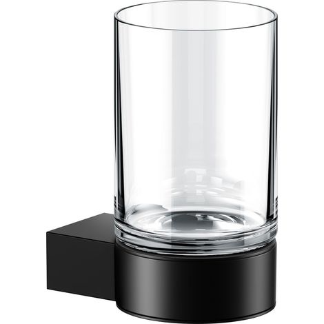 KEUCO Zahnputzbecher-Halter schwarz matt pulverbeschichtet und Kristallglas klar, Glas mit Halter für Badezimmer, Zahnbürstenhalter, Wandmontage, Plan Black Selection (1/5)