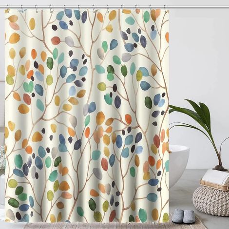Duschvorhang, 180 x 200, Anti-Schimmel, Beige, Badevorhang, Duschvorhang, buntes botanisches Muster mit Löchern, Duschvorhang aus Stoff mit 12 Haken