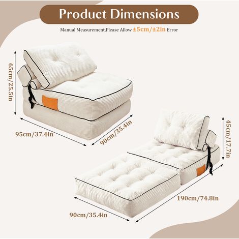 Sofá cama plegable 95x90x65 cm de tela acanalada blanca para estudio - MEUBLIV (1/5)