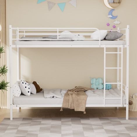 Lit Superposé 90x190 cm - Lit superposé enfant en acier 2 places - Cadre métal échelle et barrières de sécurité - Blanc (1/5)