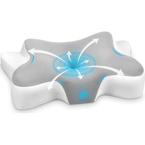 Oreiller Ergonomique Cervical Oreiller Memoire Forme, Adapté aux Personnes Dormant avec Taie d'oreiller Amovible, Coussin pour Dormir sur Le Côté, Le Dos et Le Ventre, 66x37x12/9 cm, Argent (1/5)