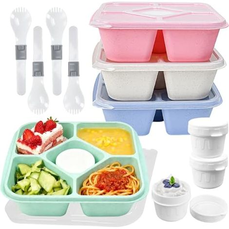 4PCS Boite Repas Compartiment Bento Lunch Box 4 Couleurs Boîte à Collation Lavable Boîtes à Snack Bento avec 5 Compartiments - Réutilisable - avec Couvercle et Fourchettes Pliables (1/5)