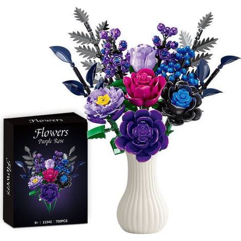 Ensemble de construction de roses violettes - convient aux adultes et aux femmes - idéal pour Halloween, Noël et autres fêtes fleurs et décorations artificielles. (Vase non inclus) (1/5)