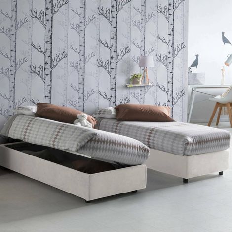 Dmora - Einzelbett Dcassan, Containerbett mit Stoffbespannung, 100% Made in Italy, Seitliche Öffnung, inklusive Matratze 80x190 cm, Weiß (1/4)