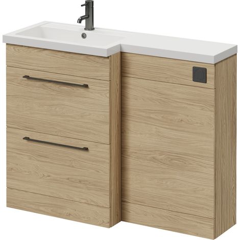 Napoli 390 Light Oak 1100mm 2 Drawer Vanity Unit Toilet Suite with Square Left Hand Lucia Basin - 1100mm - Gunmetal Grey 320mm HandleWithout Kingston Toilet Pan