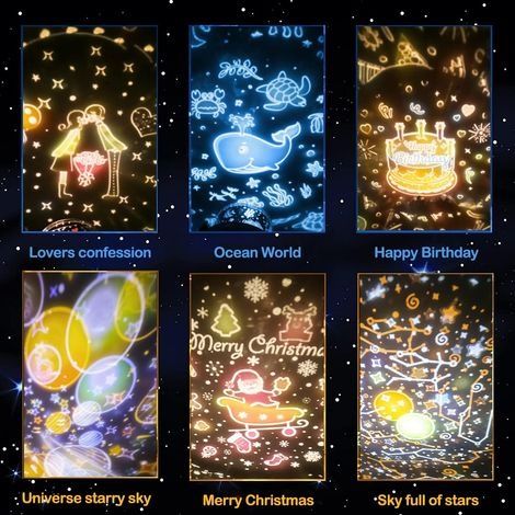 Baby-Nachtlichtprojektor, 360°-Drehung, ausgestattet mit 6 Lichtarten, Projektionslampe, 8 entspannenden Musikstücken, geeignet für Kinder, Geburtstage, Halloween, Feiertage und Partys (1/4)