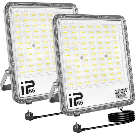 2 Pièces Projecteur d'extérieur 200W,Sécurité projecteur 20000 lumens avec prise, lampe de travail extérieure, 6000K éclairage extérieur blanc pour cour patio parking jardin,étanchéité IP66 (1/5)