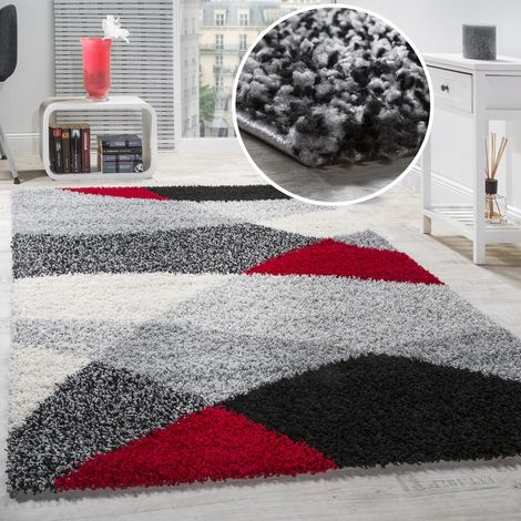 Paco Home Shaggy Teppich Hochflor Langflor Weich Geometrisch Gemustert Grau Schwarz Rot 300x400 cm