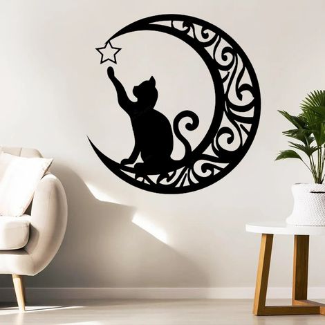 Wanddekoration für Zuhause, Halbmond, schwarze Katze, Metallschild zum Aufhängen, schwarz, 30 x 30 cm (1/5)