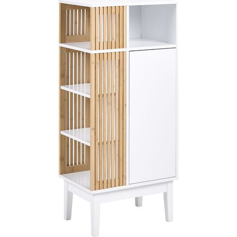 Standing Cabinet Bamboo MDF Pine Wood Legs Shelves Storage Bathroom Furniture White and Light Wood Nubes (1/5)