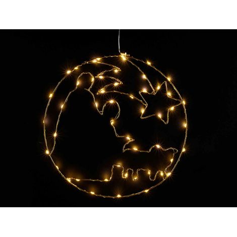 Silhouette lumineuse Crèche et Sainte Famille en métal avec LED blanc chaud à suspendre, lot de 2, diam. 35 cm