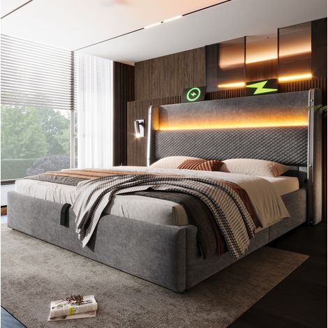MEUBLIV Lit 140x200 cm gris – tête de lit haute, LED et USB/Type-C, sans matelas (1/5)