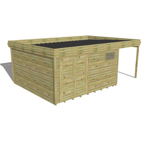 ABRI DE JARDIN bois Pin autoclave 27mm - 6,34x4,34m / 27,5m2 - Bac acier - Plancher bois