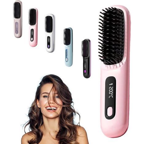 Heated and rechargeable hairbrush - Easy combing and styling - Portable travel design - Pink - 1 piece (1/5)