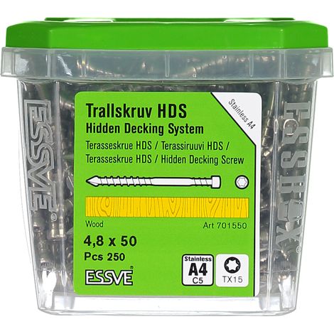Tornillos para tarimas ESSVE HDS PRO para montaje oculto en madera, tamaño A4, 4,8 x 50 mm, 250 unidades. (1/2)