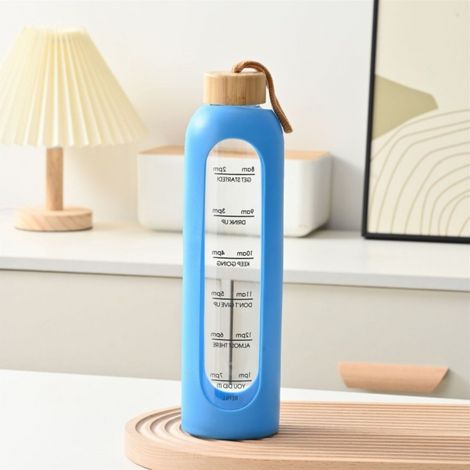 Gourde de sport en verre bleu ciel de 1 L (32 oz) avec graduations et bouchon en bambou (1/4)
