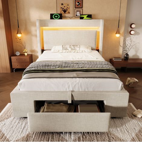 Cama tapizada 90x200 cm beige de lino con cabecero con almacenaje, LED, USB/USB-C, arcón hidráulico, cajón y colchón