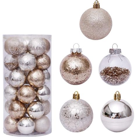 Boules de Noël Incassable en Boule Ornements Décoration pour Décor d'arbre Fête + 30pcs Plastique Or Argent (1/5)