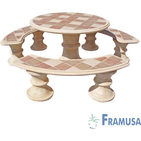 CONJUNTO COMEDOR PIEDRA CIRCULAR JARDIN ABETO GRES CON AZULEJOS OCRE