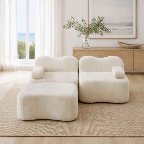 Divano angolare modulare 2 posti in velluto beige con pouf collegabile, design senza struttura rigida (1/5)