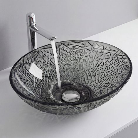 Mai & Mai Lavabo à Poser en Verre Lave-Mains Vasque Ovale à Poser Lavabo Gris pour Salle de Bain WC d'Invités 50,5x35x15,5 cm Min05