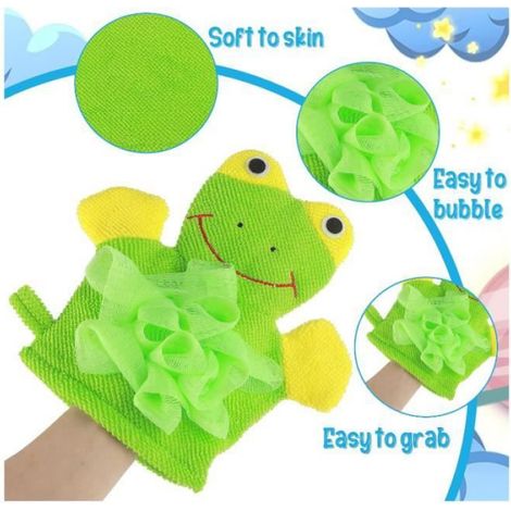 Gant de bain éponge pour enfants, lot de 2 pièces, motif animal mignon pour bambins, gant de toilette doux pour nettoyage corporel sous la douche, couleurs vert et bleu (1/4)