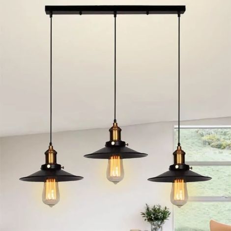 U-Do 3 Têtes Lustre Suspension Luminaire en Fer Noir Vintage 22cm Lampe de Plafonde Brillant Lustre pour Cuisine Salon· (1/4)