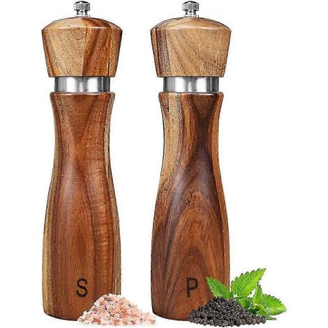 Ensemble de 2 moulins à sel et à poivre en bois d'acacia, 20 cm (8 pouces). (1/5)