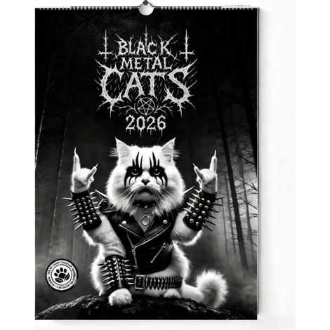 Unique and distinctive Black Metal Cats 2026 Calendar - A wall calendar featuring black metal cats for the 2026 Lunar New Year.