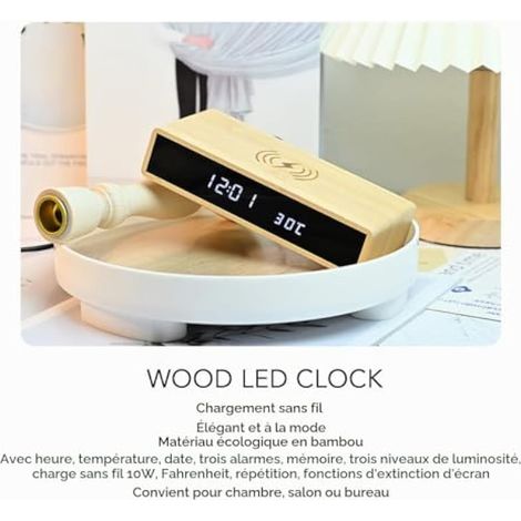 Réveil Numérique en Bois, Station de Charge Rapide sans Fil pour Tous Les Types de Téléphones Intelligents, Horloge LED en Bambou Exquise Multifonction à la Mode avec 3 Jeux de (1/4)