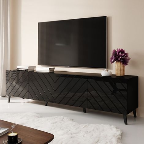 Meuble TV design noir brillant 200 cm Yaka (1/4)