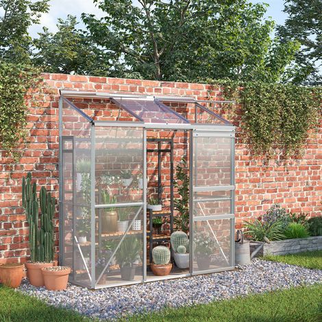 Anlehngewächshaus, Gartengewächshaus mit 5-fach zu öffnenden Fenstern, PC-Paneelen, Aluminiumrahmen, 1,9 x 0,7 x 2 m, transparent
