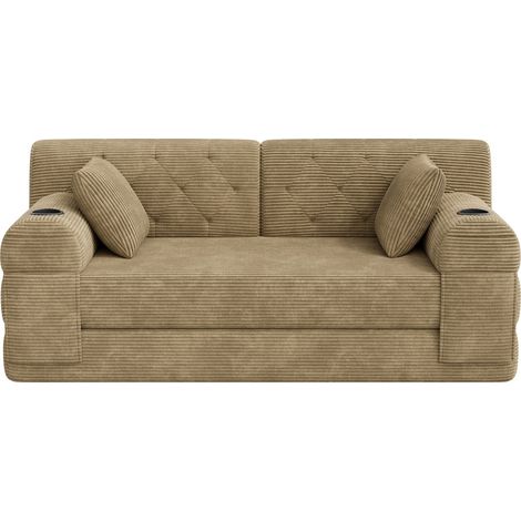 Canapé Droit Convertible 2 Places en Velours Côtelé beige avec Porte-gobelets, métal robuste, dossier haut,168×80×81cm (1/5)