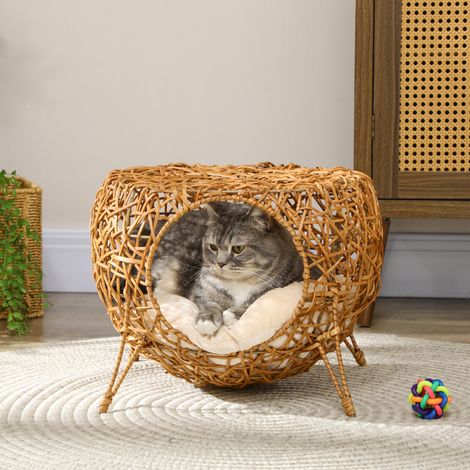 Niche pour chat lit pour chat panier chat maison de chat en rotin coussin épais Ø 40 x 32 cm marron clair (1/5)