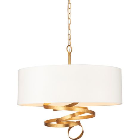 Merano Sanremo Plafonnier à 3 lampes Feuille d'or et tissu de coton ivoire