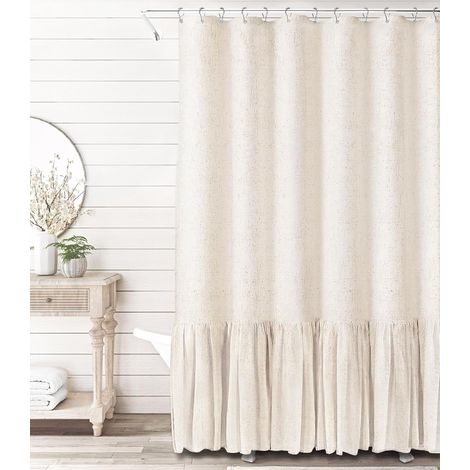 Rideau de douche à volants texturé en lin pour salle de bain, beige, 183 x 182 cm (l x L) (1/5)