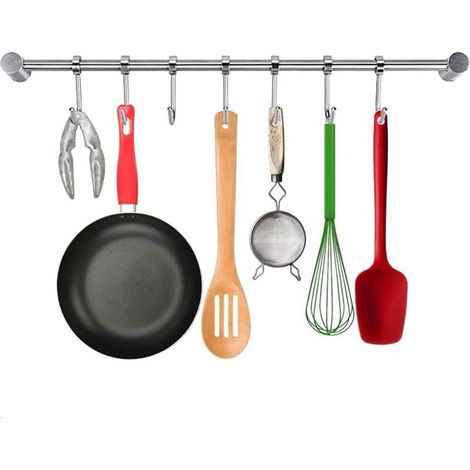 Porte-Ustensile à 7 Crochets Ajustables 38cm Support Ustensiles Cuisine Mural Support Ustensiles Cuisine INOX pour Cuillère à Soup Pot Casserole Egouttoir Gant Couteau (1/4)