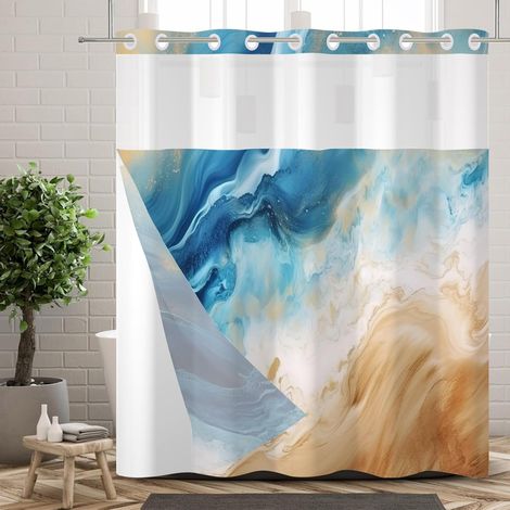 Rideau de Douche sans Crochets avec Doublure à Boutons-Pression, Double épaisseur, Motif marbre Bleu et Marron, décoratif pour Salle de Bain avec fenêtre Transparente en Haut 183x213cm (1/5)