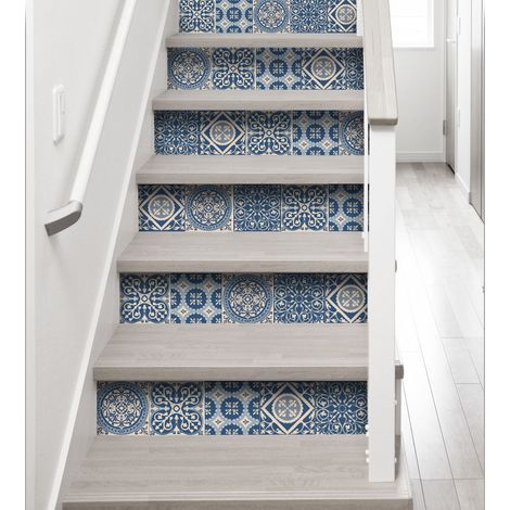Lot de 3 pièces Adhésif Autocollant Contremarche 19,5 x 100 cm pour Carreaux de Ciment Bleu - Idéal pour la Décoration Intérieure et Extérieure (1/5)