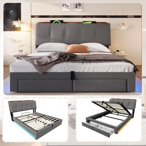 Lit rembourré, 140x200cm, suspension hydraulique, avec port de chargement USB Type-C, sans matelas, rangement multifonctionnel, éclairage LED, commande par bouton-poussoir/application, lin, gris, g... (1/5)