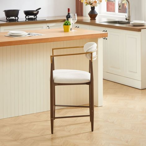 Lot de 2 tabourets de bar en tissu beige, avec accoudoirs, structure métal brun foncé et détails dorés, pieds réglables, style vintage (1/5)